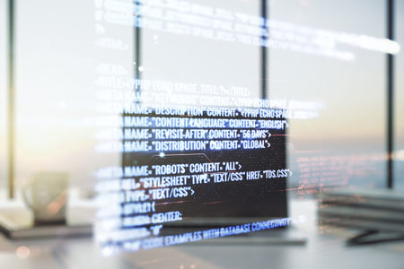 Abstract creative coding illustration on modern computer background, software development concept....