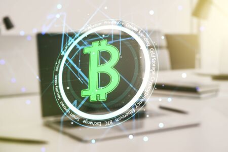Creative Bitcoin concept with modern computer background. Double exposureの写真素材