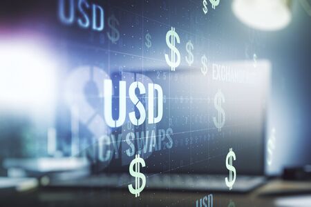 Creative EURO USD symbols sketch on modern laptop background, strategy and forecast concept. Multiexposureの写真素材