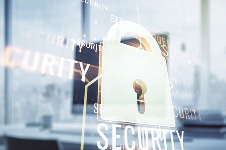 Creative idea concept with lock symbol and microcircuit illustration on modern laptop background. Protection and firewall concept. Multiexposureの写真素材
