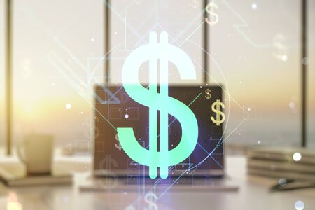 Double exposure of creative EURO USD symbols hologram on laptop background. Banking and investing conceptの写真素材