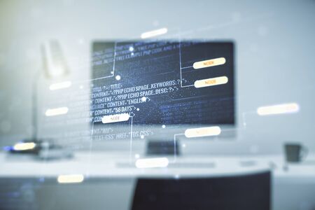 Double exposure of abstract creative programming illustration on computer background, big data and blockchain conceptの写真素材