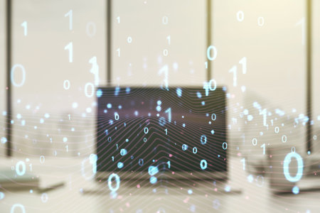 Creative concept of binary code illustration on modern laptop background. Big data and coding...