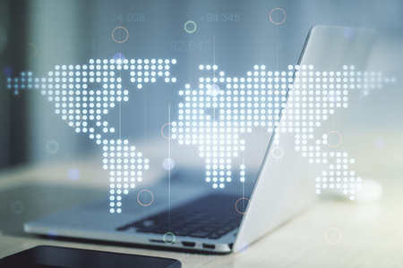 Multi exposure of abstract creative digital world map on modern laptop background, tourism and...