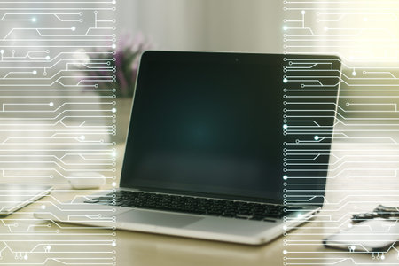 Creative abstract micro circuit sketch on modern laptop background, future technology and AI...