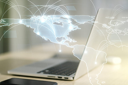 Double exposure of abstract digital world map with connections on computer background, big data and...