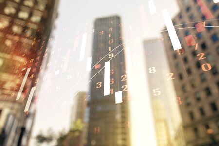 Double exposure of abstract financial graph on office buildings background, financial and trading conceptの写真素材