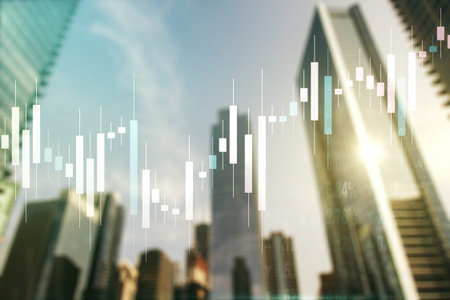 Double exposure of abstract financial graph on office buildings background, forex and investment...