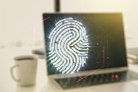 Multi exposure of abstract fingerprint scan interface on computer background, digital access concept
