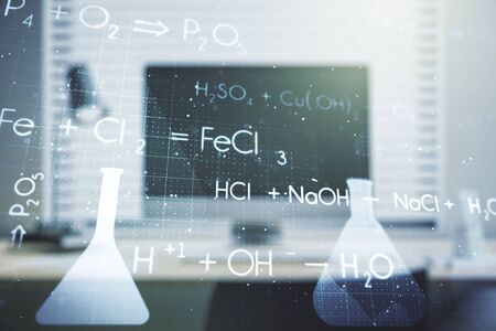 Double exposure of creative chemistry concept on laptop background, research and development conceptの写真素材