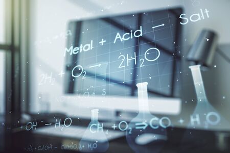 Double exposure of creative chemistry concept on laptop background, research and development conceptの写真素材
