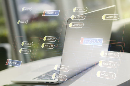 Double exposure of abstract creative programming illustration on computer background, big data and...