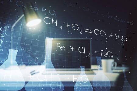Creative chemistry concept on modern laptop background. Multiexposureの写真素材