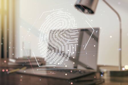 Abstract creative fingerprint illustration on modern computer background, personal biometric data concept. Multiexposureの写真素材