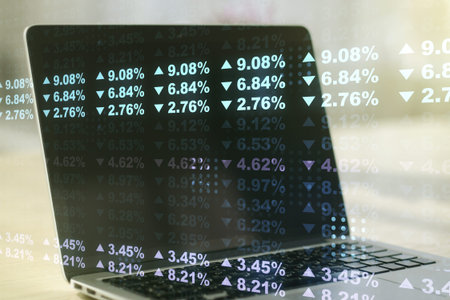 Multi exposure of creative statistics data hologram on laptop background, stats and analytics...