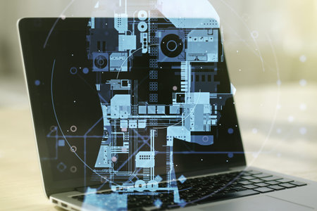 Double exposure of creative human head microcircuit with computer on background. Future technology...