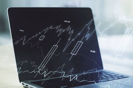 Multi exposure of abstract creative financial chart on computer background, research and analytics conceptの写真素材