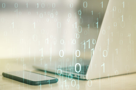 Creative abstract binary code hologram on modern computer background, AI and machine learning...