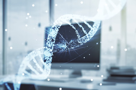 Double exposure of creative DNA hologram on laptop background. Bio ...
