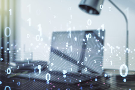 Creative concept of binary code illustration on modern laptop background. Big data and coding...