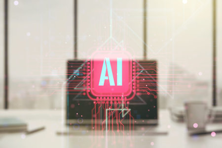 Creative artificial Intelligence symbol concept with modern computer on background. Double exposure