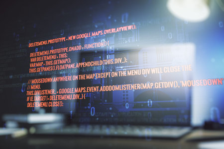 Double exposure of abstract programming language on laptop background, research and development...