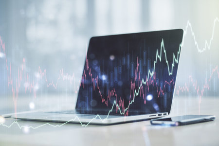 Multi exposure of abstract financial diagram on computer background, banking and accounting concept
