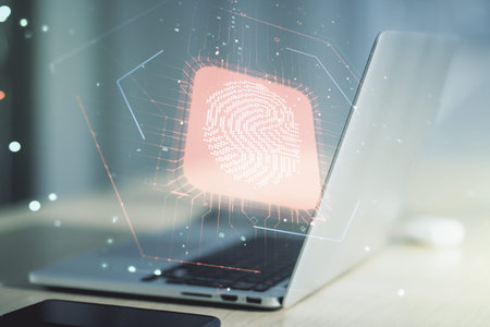 Multi exposure of abstract fingerprint scan interface on computer background, digital access concept