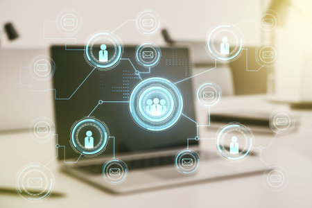 Double exposure of social network icons concept with computer on background. Networking concept