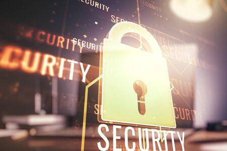 Creative lock sketch with chip hologram on modern laptop background, protection of personal data concept. Multiexposureの写真素材