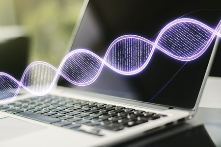 Double exposure of creative DNA hologram on laptop background. Bio Engineering and DNA Research...
