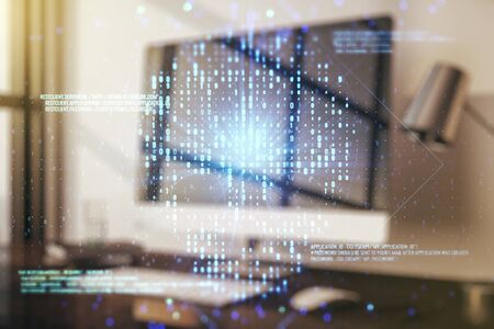 Double exposure of creative code skull hologram on laptop background. Malware and cyber crime conceptの写真素材