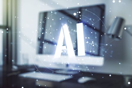 Creative artificial Intelligence symbol concept with modern laptop on background. Multiexposureの写真素材