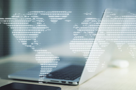 Multi exposure of abstract creative digital world map on modern laptop background, tourism and...