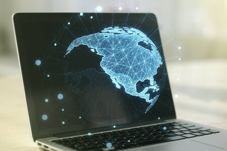 Digital America map on modern computer background, global technology concept. Multiexposureの写真素材