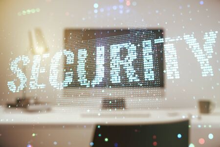 Cyber security creative concept on modern laptop background. Double exposureの写真素材