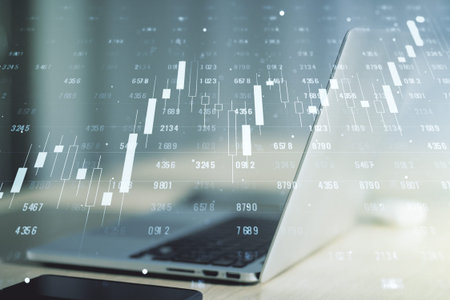 Multi exposure of abstract statistics data hologram interface on computer background, computing and...