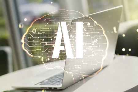 Double exposure of creative artificial Intelligence symbol with modern laptop on background. Neural...