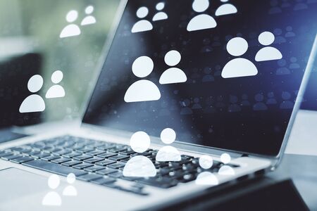 Social network media concept with modern computer on background. Double exposureの写真素材