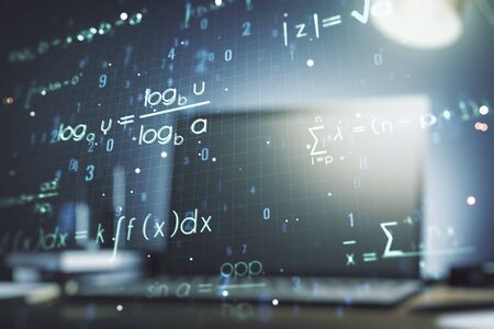 Creative scientific formula illustration on modern computer background, science and research concept. Multiexposureの写真素材