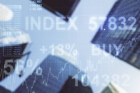 Multi exposure of abstract financial graph on office buildings background, forex and investment conceptの写真素材