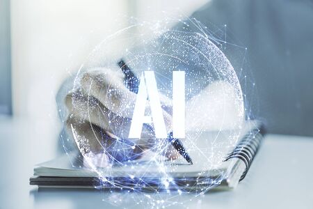 Creative artificial Intelligence symbol concept with man hand writing in diary on background. Double exposureの写真素材