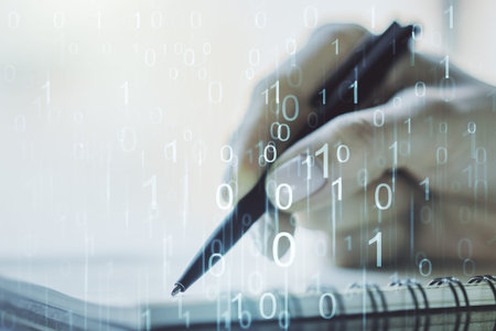 Creative abstract binary code sketch and woman hand writing in notepad on background, hacking and...