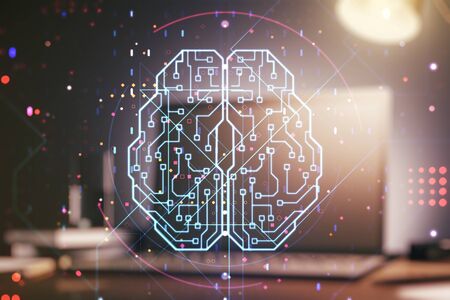 Double exposure of creative artificial Intelligence symbol with modern laptop on background. Neural networks and machine learning conceptの写真素材