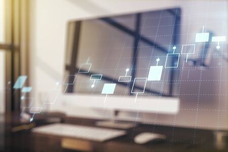 Double exposure of abstract creative financial chart on modern laptop background, research and strategy conceptの写真素材
