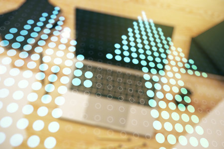 Double exposure of creative abstract upward arrows hologram on laptop background. Ambition and...
