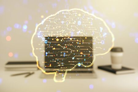 Creative artificial Intelligence concept with human brain sketch on modern computer background. Double exposureの写真素材