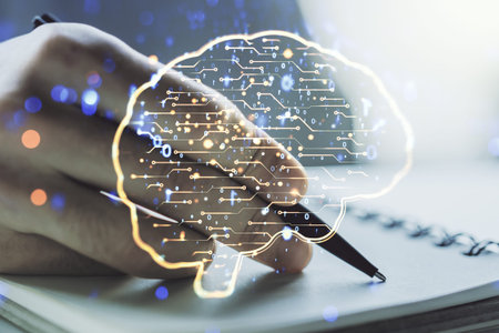 Creative artificial Intelligence concept with human brain hologram and man hand writing in notebook...