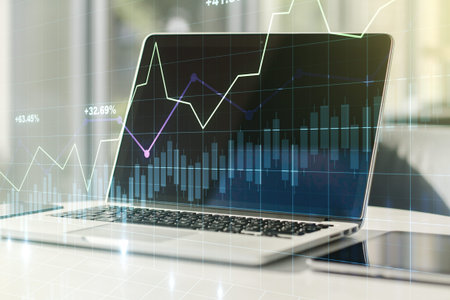 Multi exposure of abstract financial diagram on computer background, banking and accounting concept
