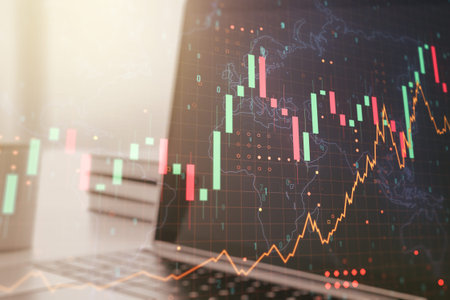Multi exposure of abstract financial graph with world map on modern computer background, financial...